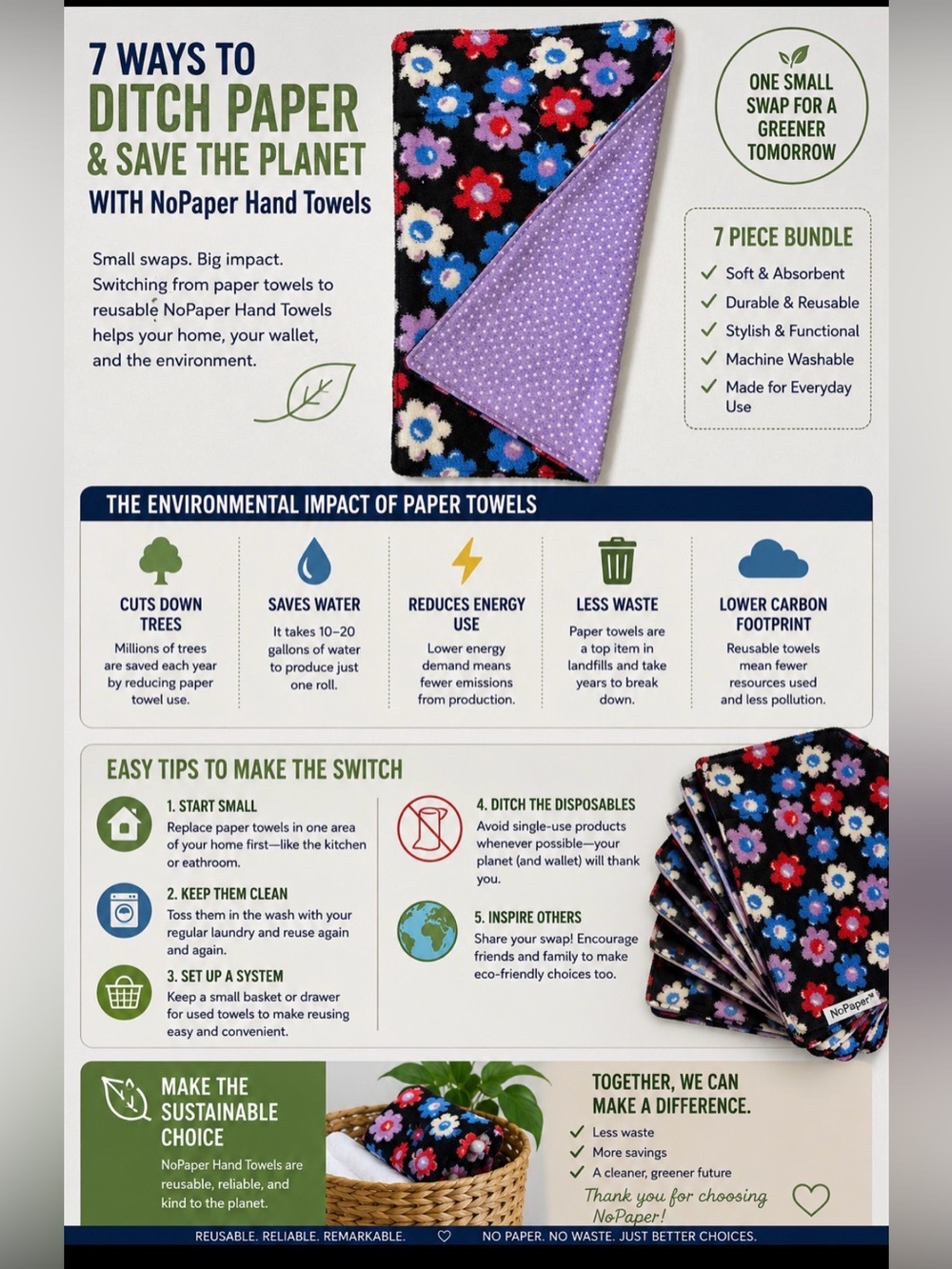 New! Handmade NoPaper Hand Towels - 7 piece